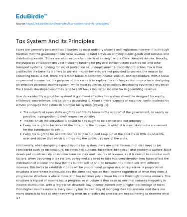 Tax System And Its Principles