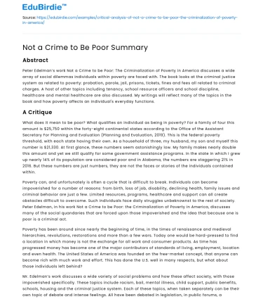 Not a Crime to Be Poor Summary