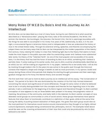 Many Roles Of W.E.B Du Bois’s And His Journey As An Intellectual