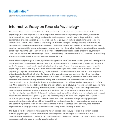 Informative Essay on Forensic Psychology