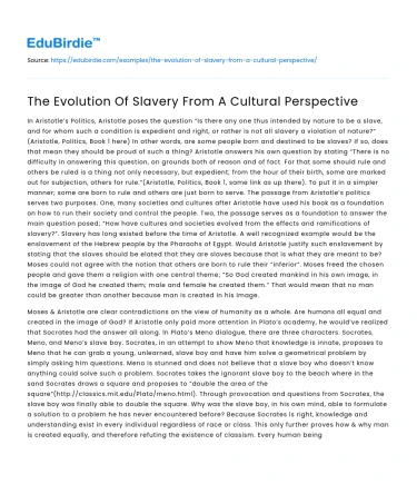 The Evolution Of Slavery From A Cultural Perspective