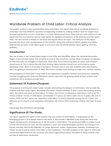 Worldwide Problem of Child Labor: Critical Analysis