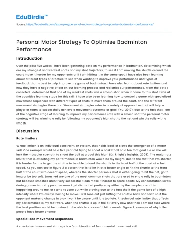 Personal Motor Strategy To Optimise Badminton Performance
