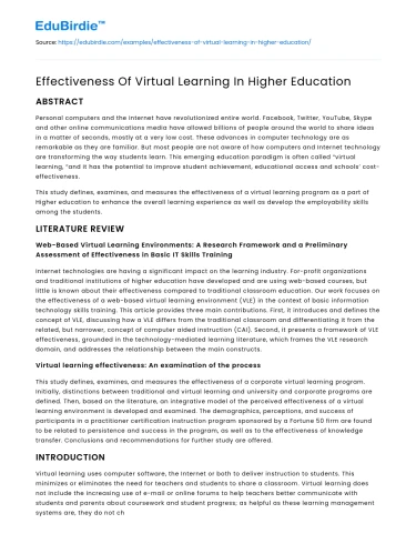 Effectiveness Of Virtual Learning In Higher Education
