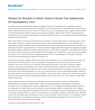 Attack On Racism In Mark Twain’s Novel The Adventure Of Huckleberry Finn