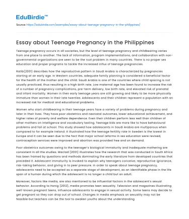 Essay about Teenage Pregnancy in the Philippines