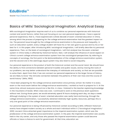 Basics of Mills’ Sociological Imagination: Analytical Essay