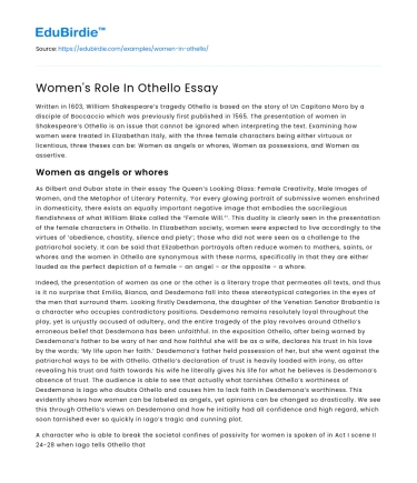 Women’s Role In Othello Essay