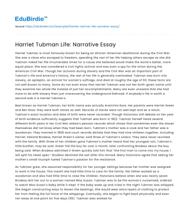Harriet Tubman Life: Narrative Essay