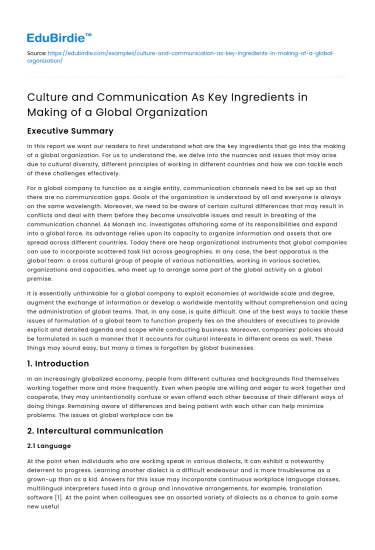 Culture and Communication in Global Organization
