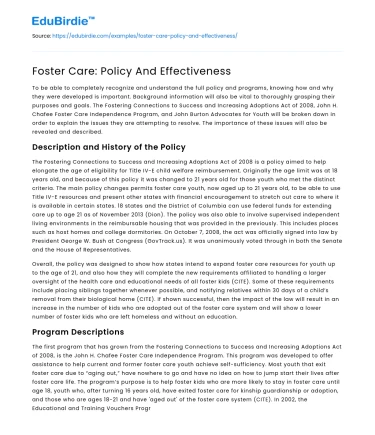Foster Care: Policy And Effectiveness