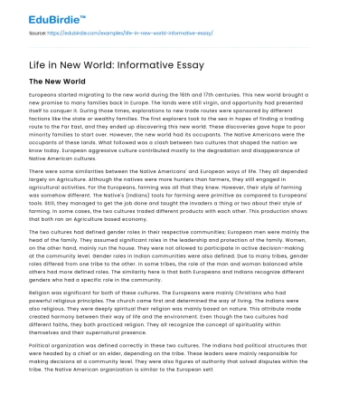 Life in New World: Informative Essay