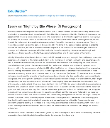 Essay on ‘Night’ by Elie Wiesel (5 Paragraph)