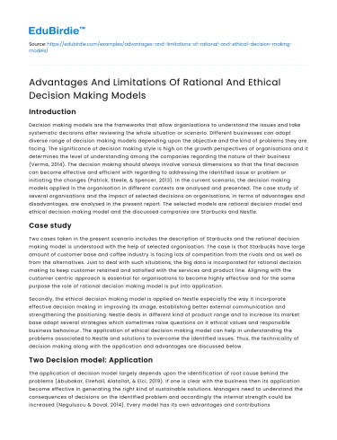 Advantages And Limitations Of Rational And Ethical Decision Making Models