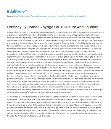 Odyssey By Homer: Voyage For A Culture And Equality