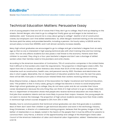 Technical Education Matters: Persuasive Essay