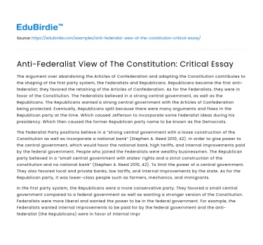 Anti-Federalist View of The Constitution: Critical Essay