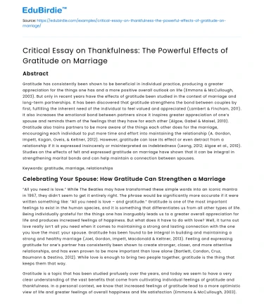 Gratitude’s Impact on Marriage: A Critical Essay