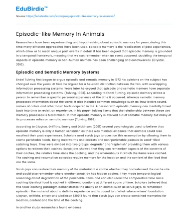 Episodic-like Memory In Animals