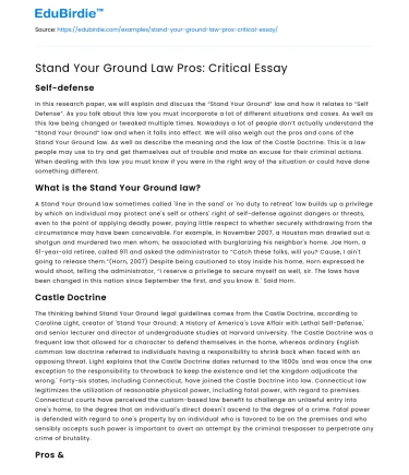 Stand Your Ground Law Pros: Critical Essay