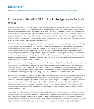 Impacts And Benefits Of Artificial Intelligence In Today’s World