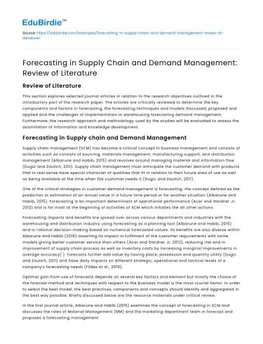 Forecasting in Supply Chain and Demand Management: Review of Literature