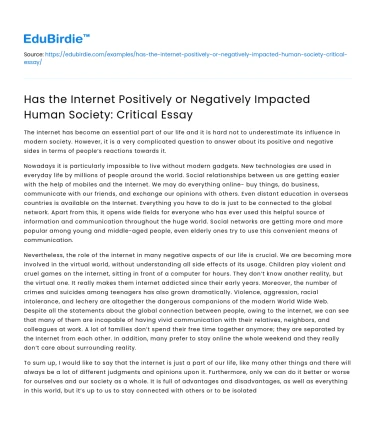 Internet Impact on Human Society: Critical Analysis