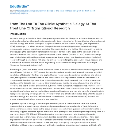 Synthetic Biology in Translational Research