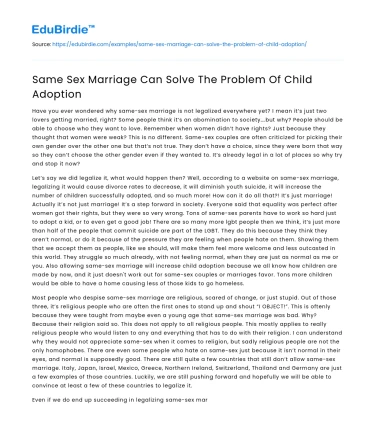 Same Sex Marriage Can Solve The Problem Of Child Adoption