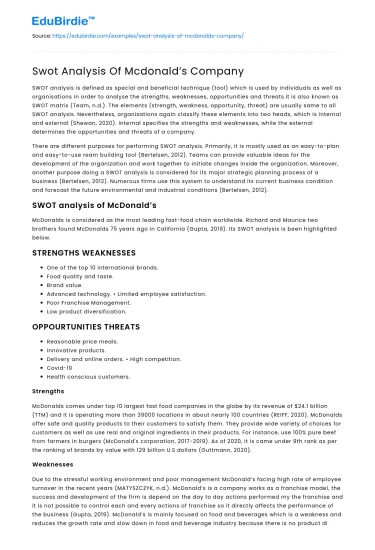 Swot Analysis Of Mcdonald’s Company
