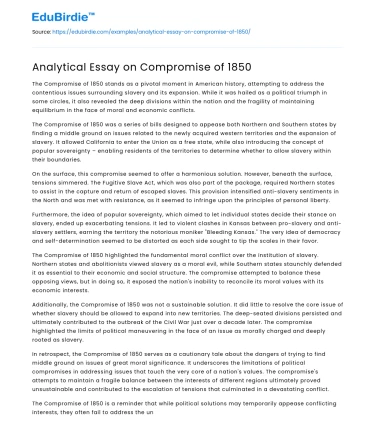Analytical Essay on Compromise of 1850