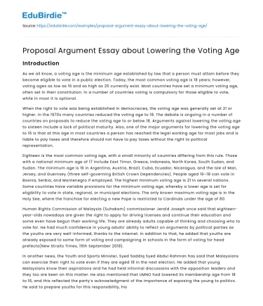 Proposal Argument Essay about Lowering the Voting Age