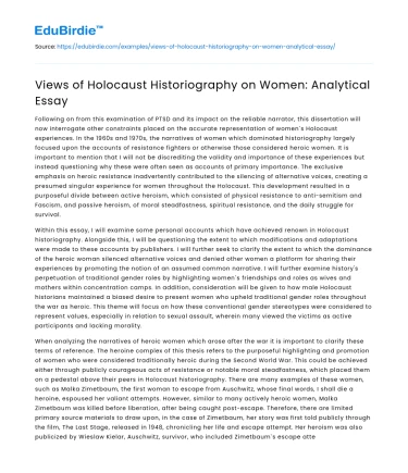 Views of Holocaust Historiography on Women: Analytical Essay