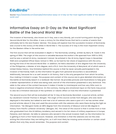 D-Day as the Most Significant Battle of the Second World War