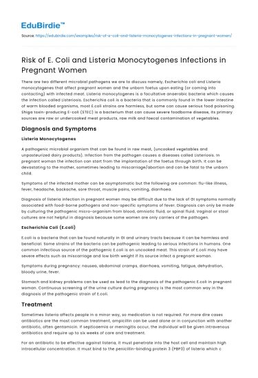 Risk of E. Coli and Listeria Monocytogenes Infections in Pregnant Women