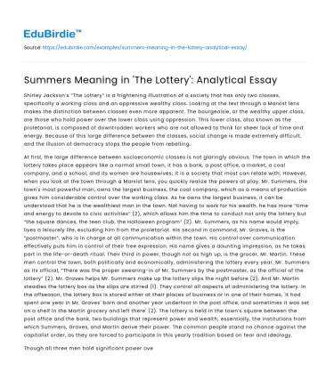 Summers Meaning in ‘The Lottery’: Analytical Essay