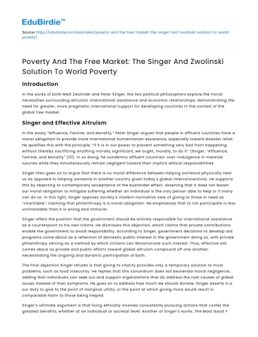 Singer and Zwolinski Solution to World Poverty