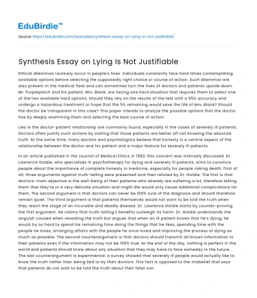 Synthesis Essay on Lying Is Not Justifiable