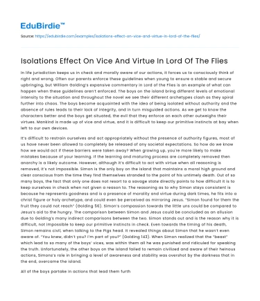 Isolations Effect On Vice And Virtue In Lord Of The Flies