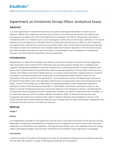 Experiment on Emotional Stroop Effect: Analytical Essay