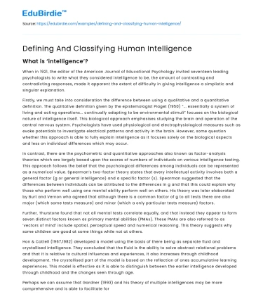 Defining And Classifying Human Intelligence