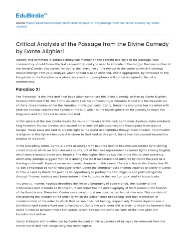 Critical Analysis of the Passage from the Divine Comedy by Dante Alighieri