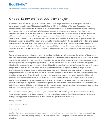 Critical Essay on Poet: A.K. Ramanujan