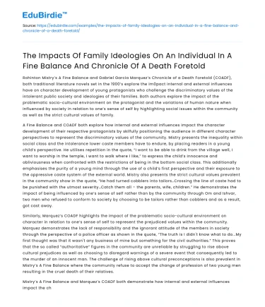 Family Ideologies’ Impacts on Individuals in Fine Balance & Chronicle