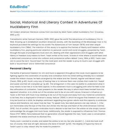 Social, Historical And Literary Context In Adventures Of Huckleberry Finn