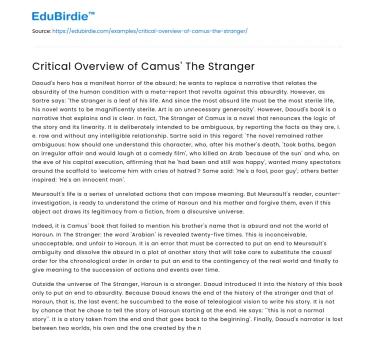 Critical Overview of Camus’ The Stranger