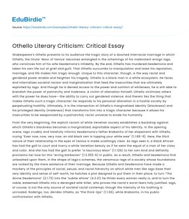 Othello Literary Criticism: Critical Essay