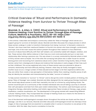 Overview of Ritual and Performance in Domestic Violence Healing