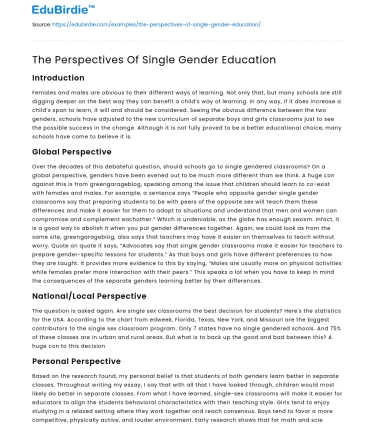 The Perspectives Of Single Gender Education