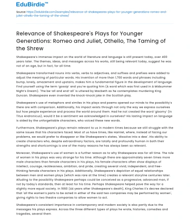 Shakespeare’s Plays for Younger Generations and Their Relevance